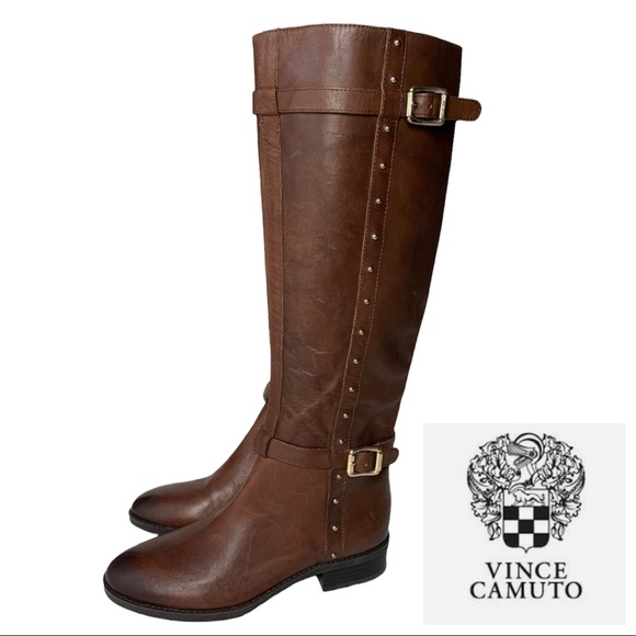 Vince Camuto Preslen Studded Leather Riding Boots Knee High Brown Sepia sz 5.5 - Picture 1 of 14